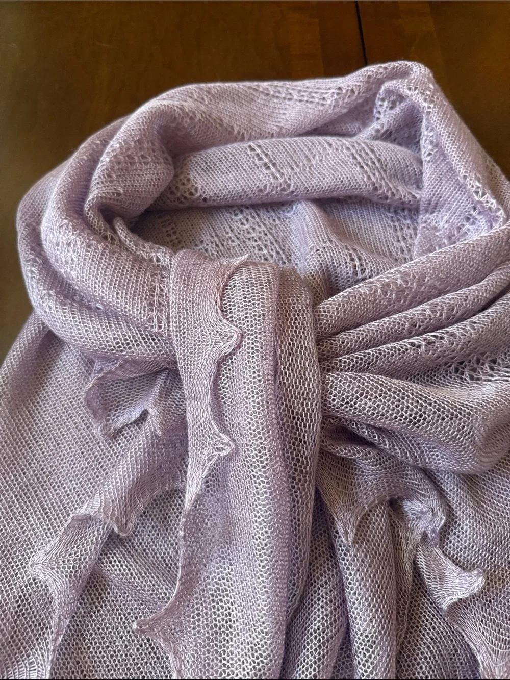 Vintage ca 1970’s Light Lavender mesh Knit Shawl Scarf 48x46” made in Japan
